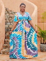Tie Dye Print Short Sleeve Crop Top & Maxi Skirt Set Plus Size