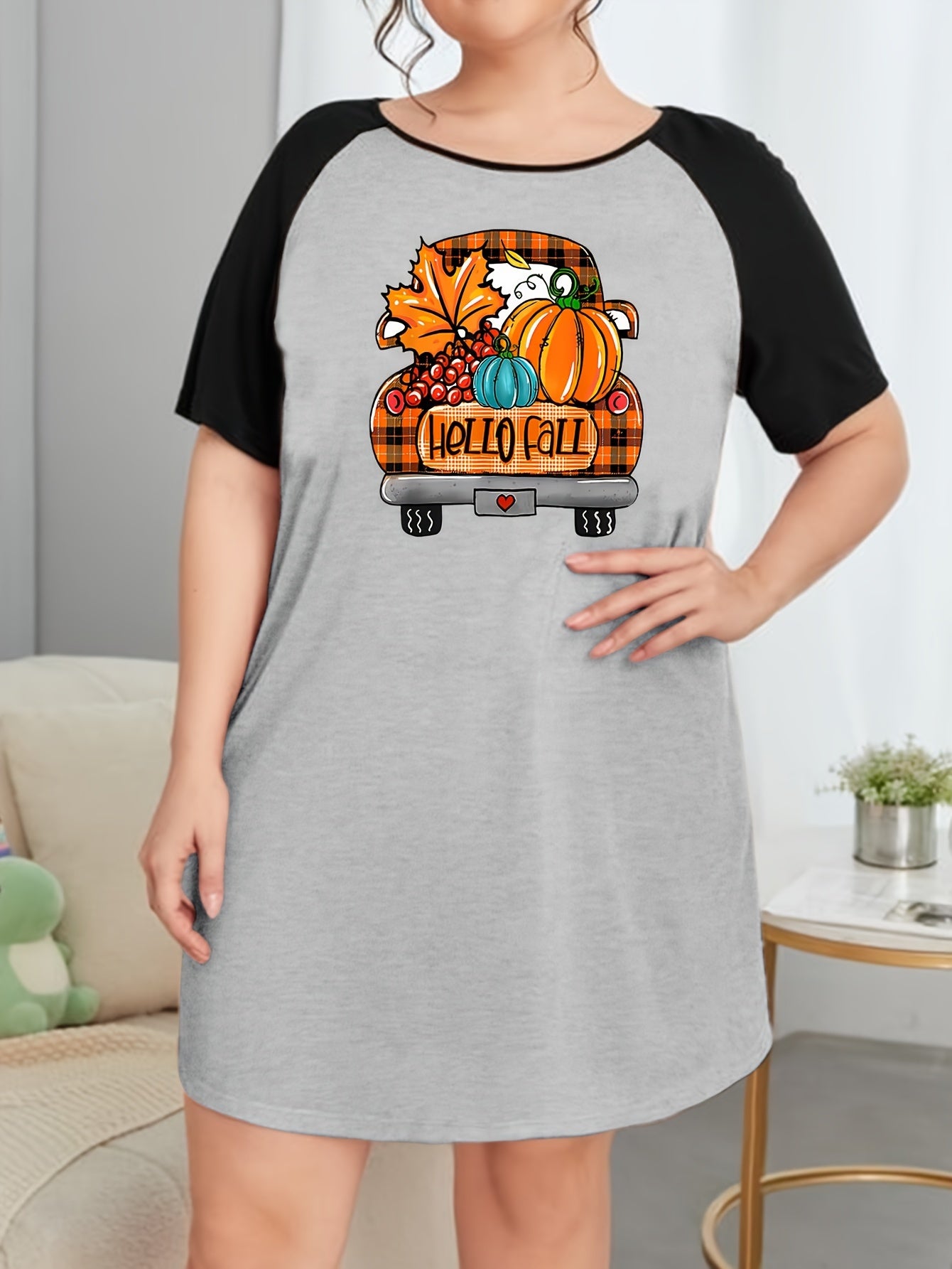 Plus Pumpkin & Plaid Car Print Raglan Sleeve Round Neck Tee Sleep Dress