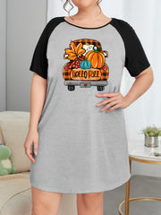 Plus Pumpkin & Plaid Car Print Raglan Sleeve Round Neck Tee Sleep Dress