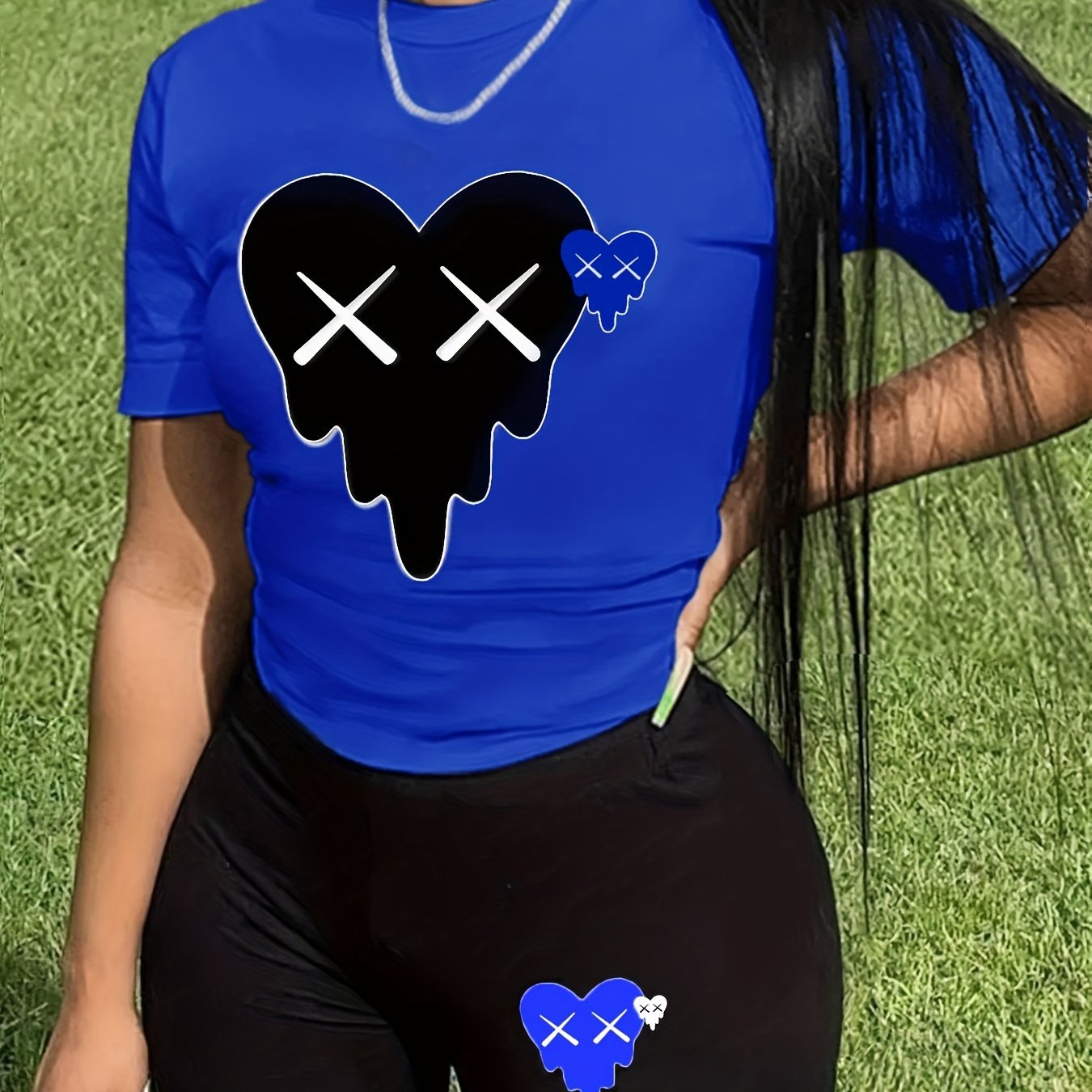 Heart Print 2pc Set Crew Neck Short Tee & Slim Shorts