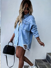 Casual Denim Top Women's Plus Solid Raw Trim Ripped Button Up
