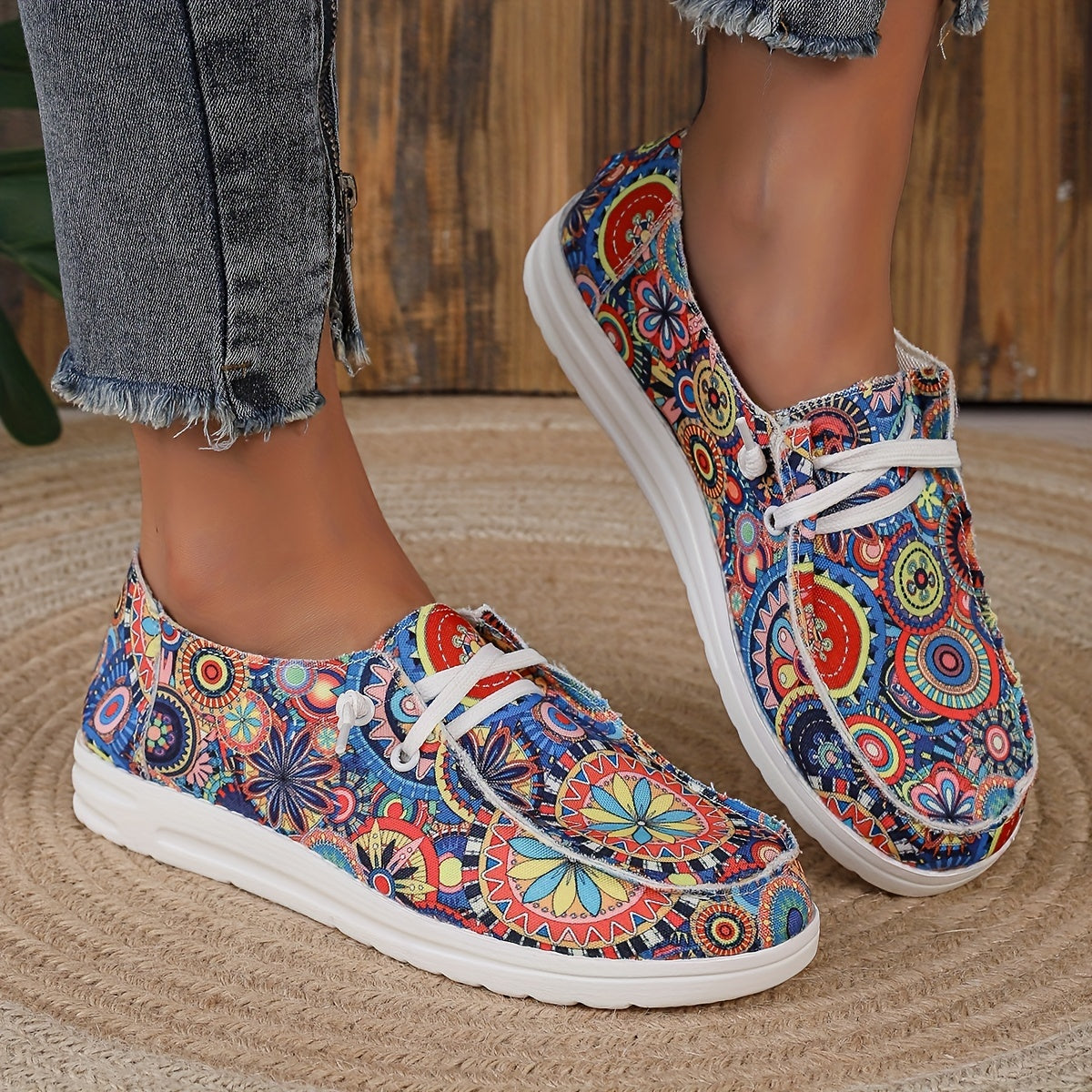 Floral Print Canvas Slip On Sneakers Low Top Casual Flat Shoes