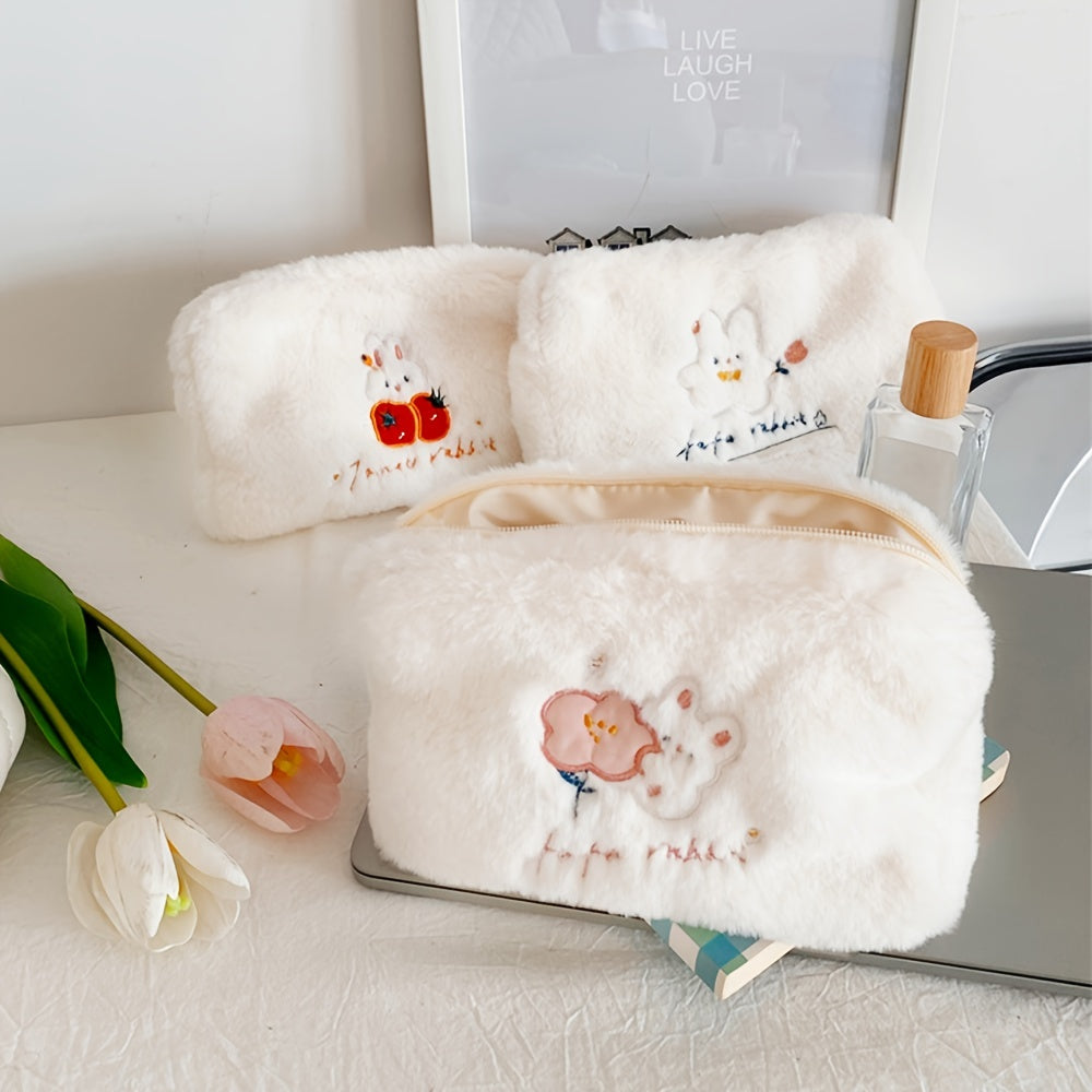 Embroidered Rabbit Cosmetic Bag Soft Plush Travel Makeup Pouch