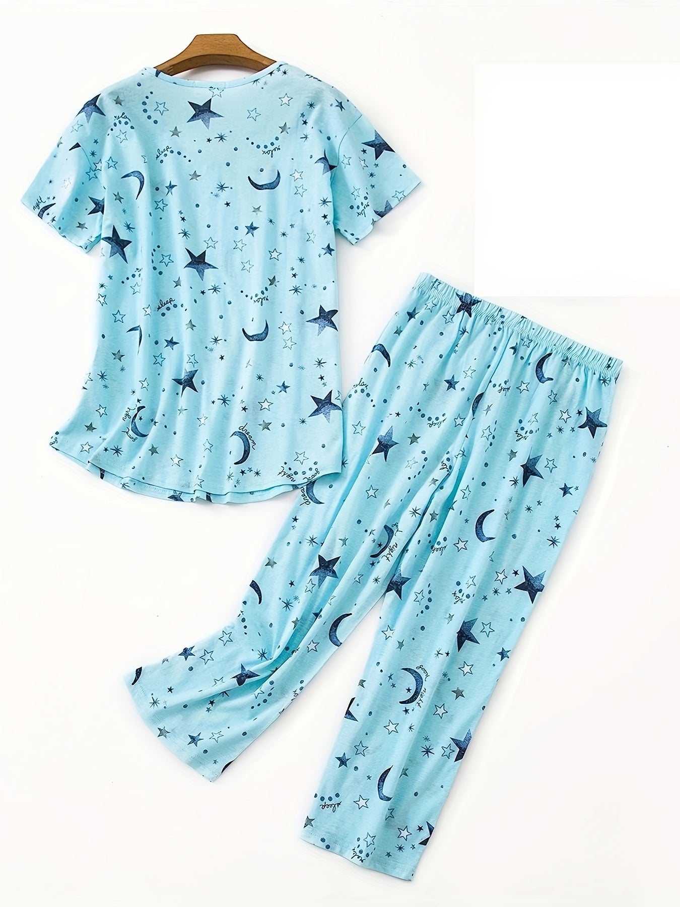 Star & Moon Print V-Neck Tee & Pants Pajama Set