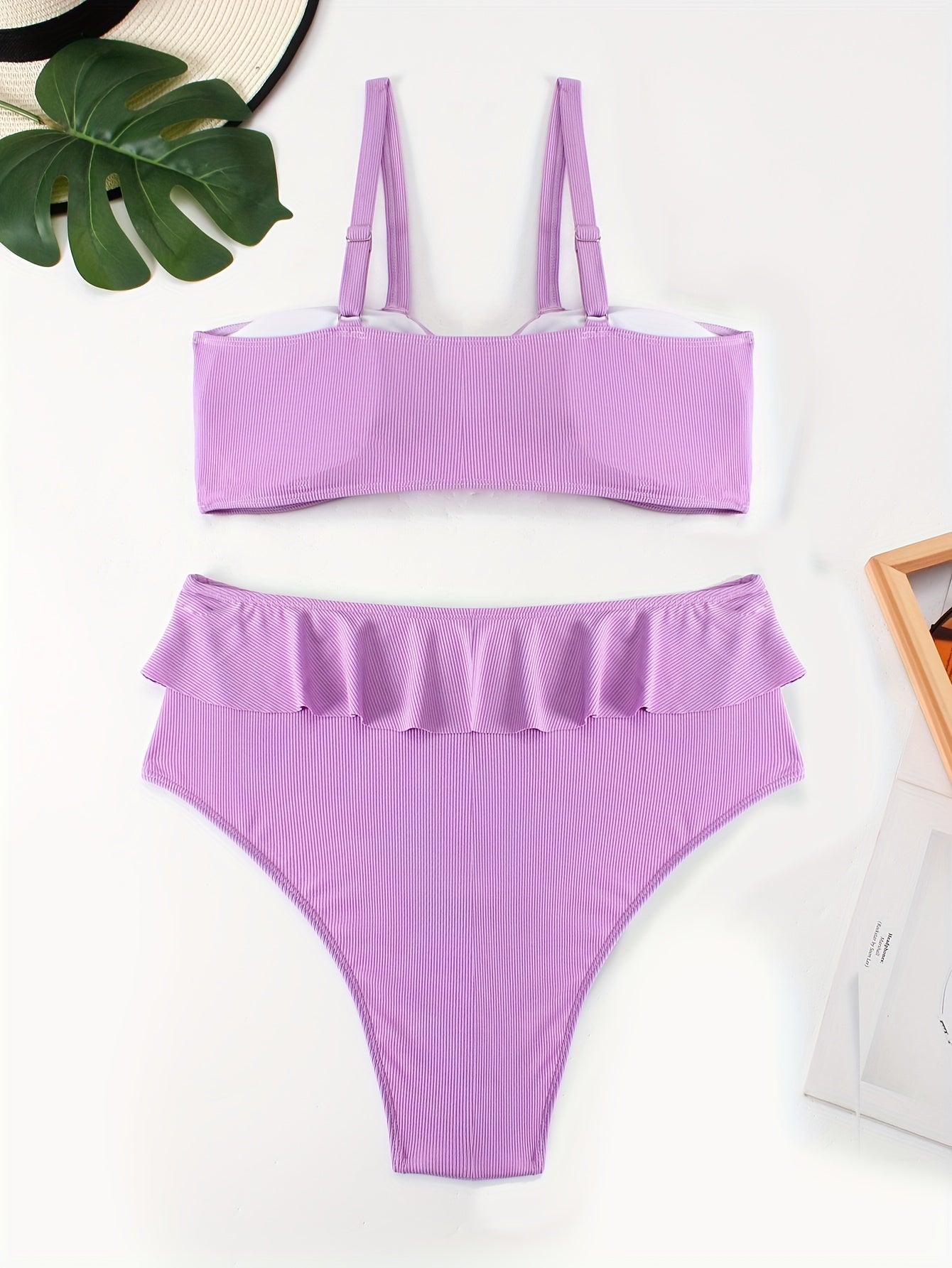 Vacay Bikini Set Solid Knot Front Ruffle Trim Bra & Panty Swimsuit