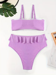 Vacay Bikini Set Solid Knot Front Ruffle Trim Bra & Panty Swimsuit