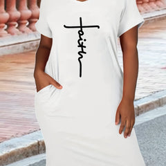 Casual Dress Women's Plus Letter Print Short Sleeve V Neck Dress