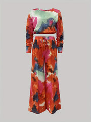 Casual Tie Dye Two-piece Set Long Sleeve Crop Top & Pants Outfit