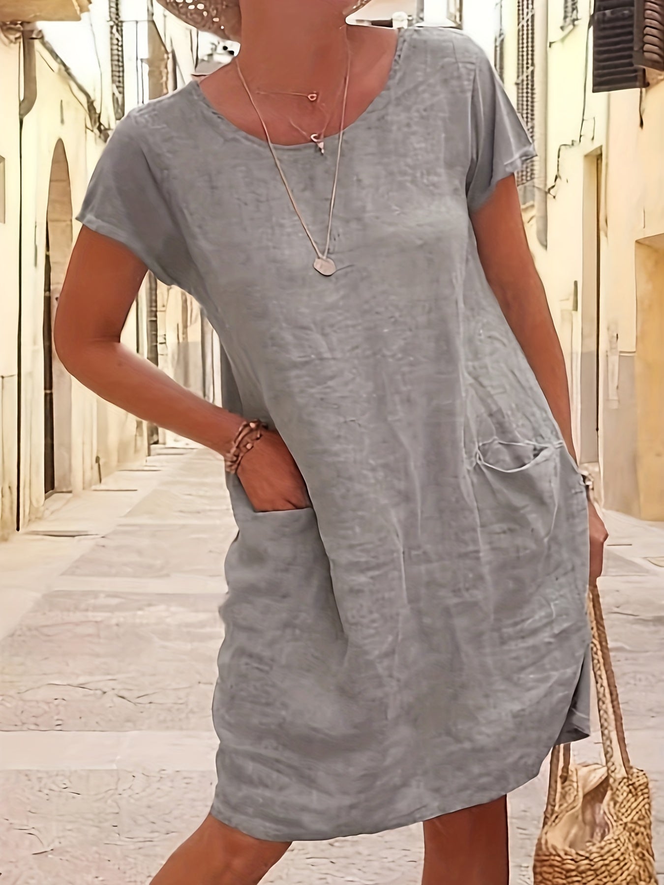 Round Neck Pocket Dress Casual Solid Short Sleeve Knee Length Dresses Women