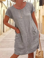 Round Neck Pocket Dress Casual Solid Short Sleeve Knee Length Dresses Women
