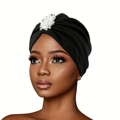 Faux Pearl Decor Turban Cap Embossed Elastic Head Wrap Solid Pleated Beanie
