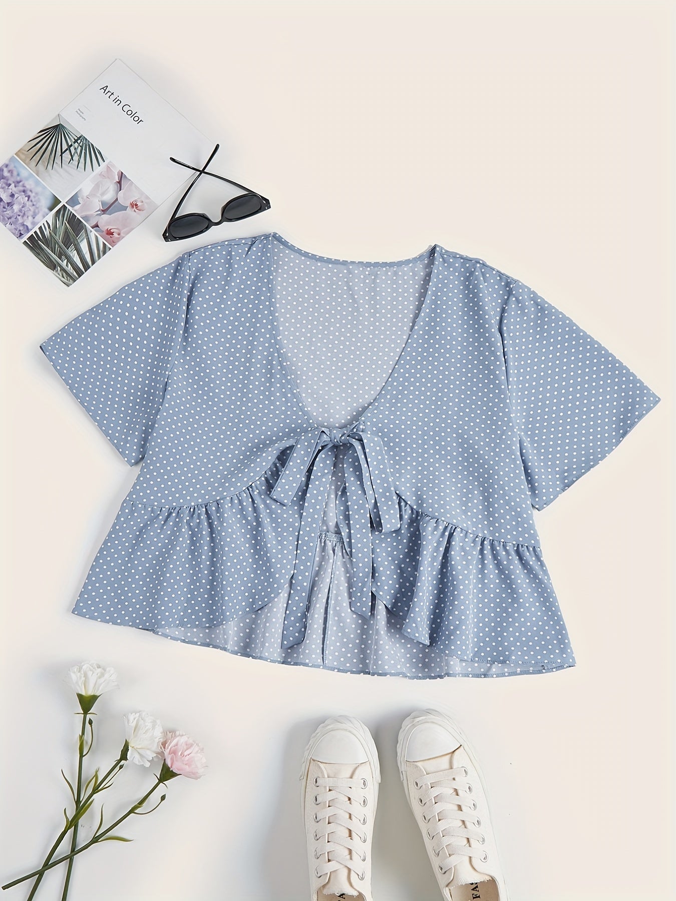 Polka Dot Print Short Sleeve V Neck Tie Front Crop Top