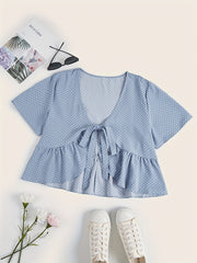 Polka Dot Print Short Sleeve V Neck Tie Front Crop Top
