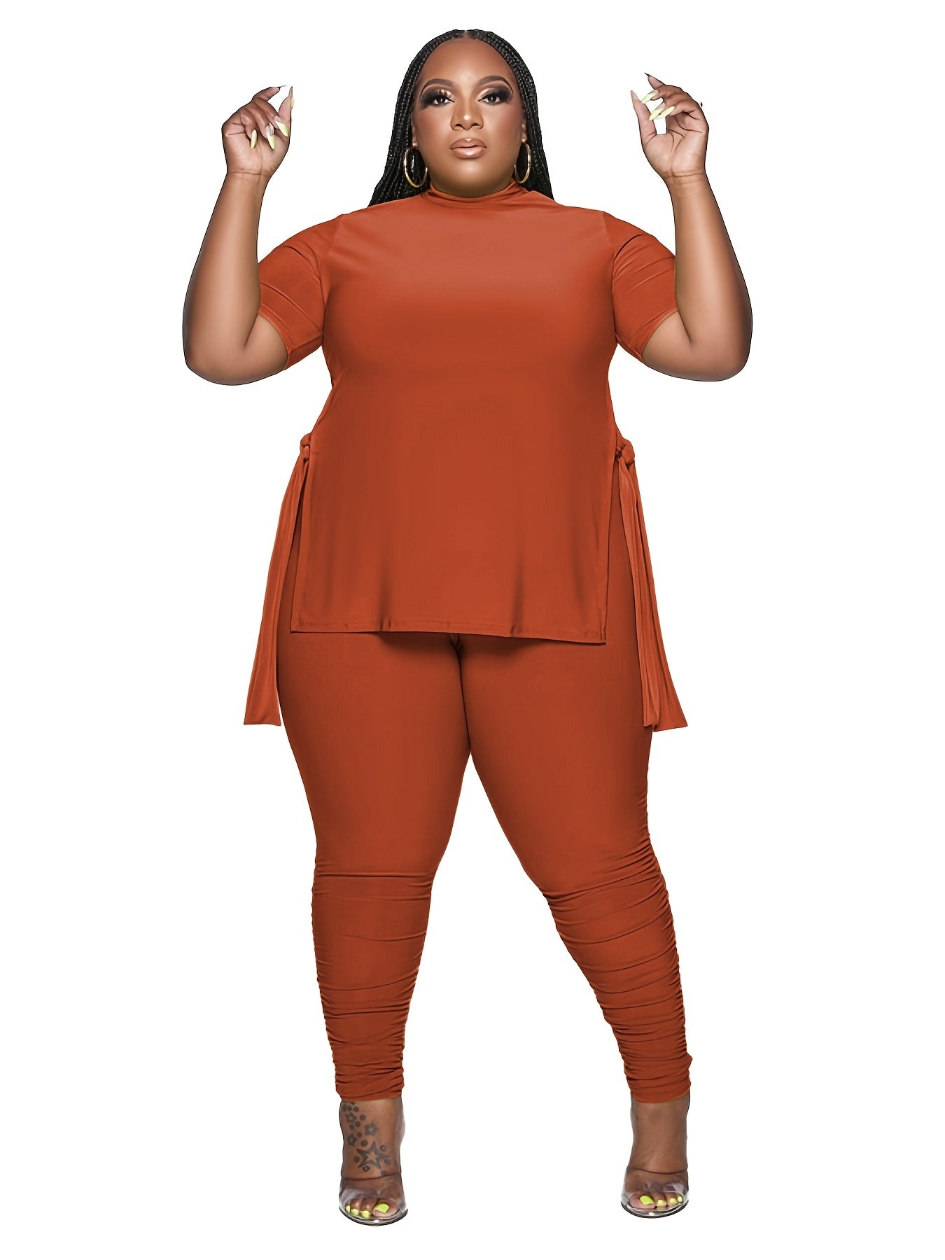 Solid Slit High Neck Short Sleeve Tops & Pants Set