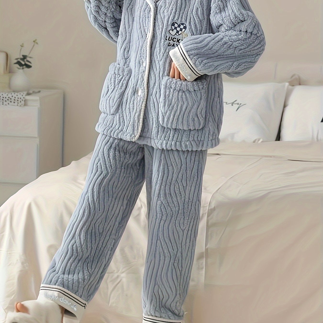 Heart Print Fuzzy Pajama Set Long Sleeve Top & Pants