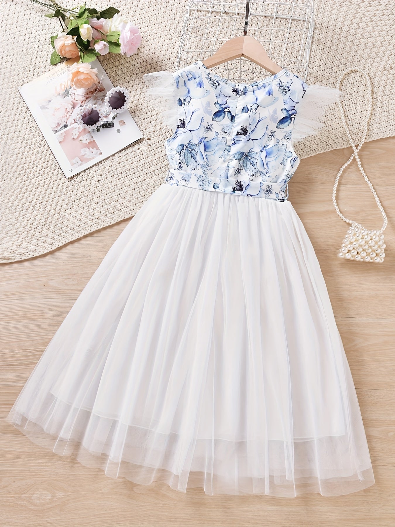 Girls Mesh Overlay Belted Princess Dress for Party Beach Vacation
