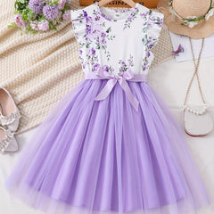 Boho Floral Tulle Spliced Dress with Bow Band for Summer