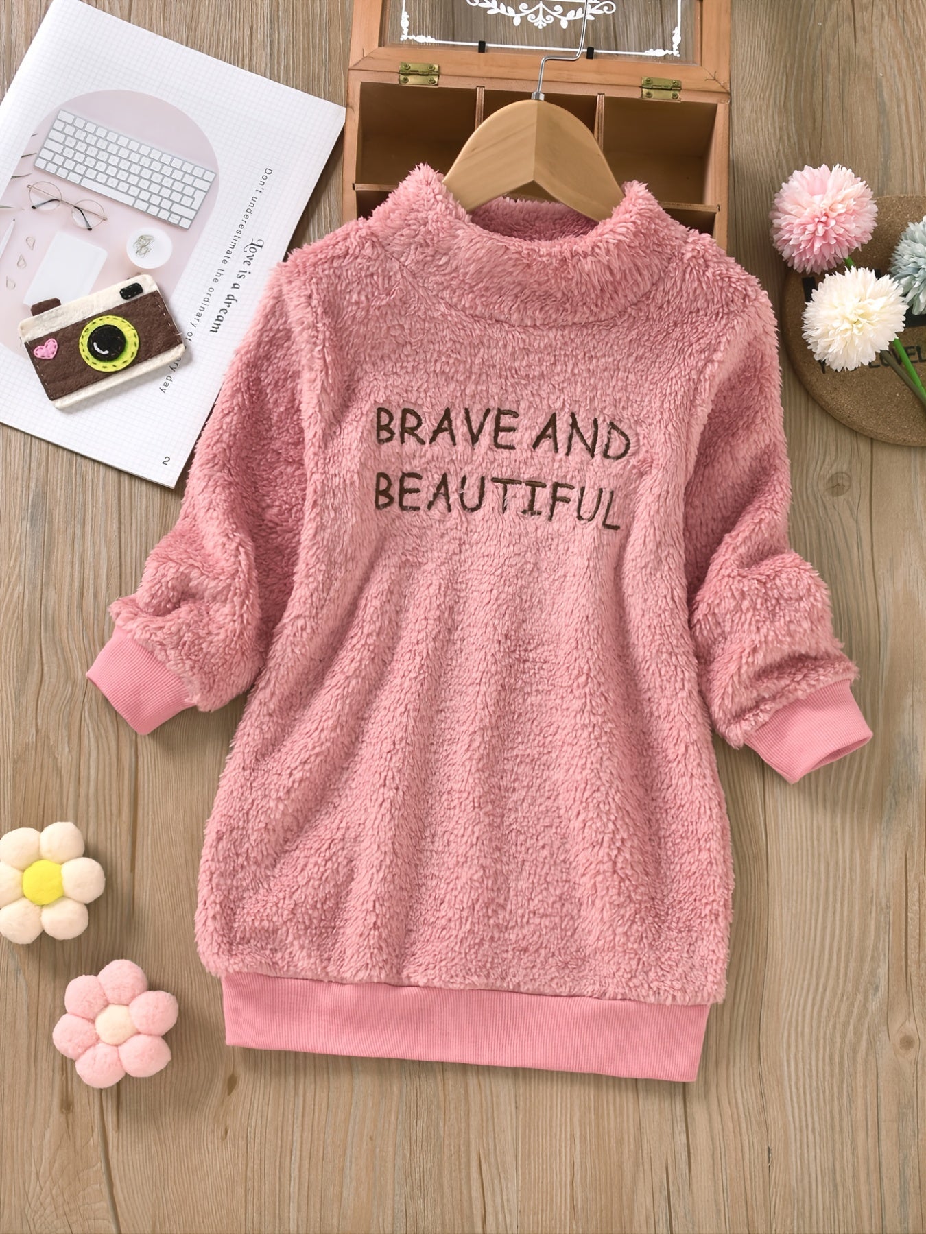 Girls Warm Fleece Dress with Letter Embroidery