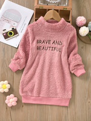 Girls Warm Fleece Dress with Letter Embroidery