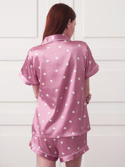 Heart Print Satin Pajama Set Short Sleeve Button Up Top & Shorts