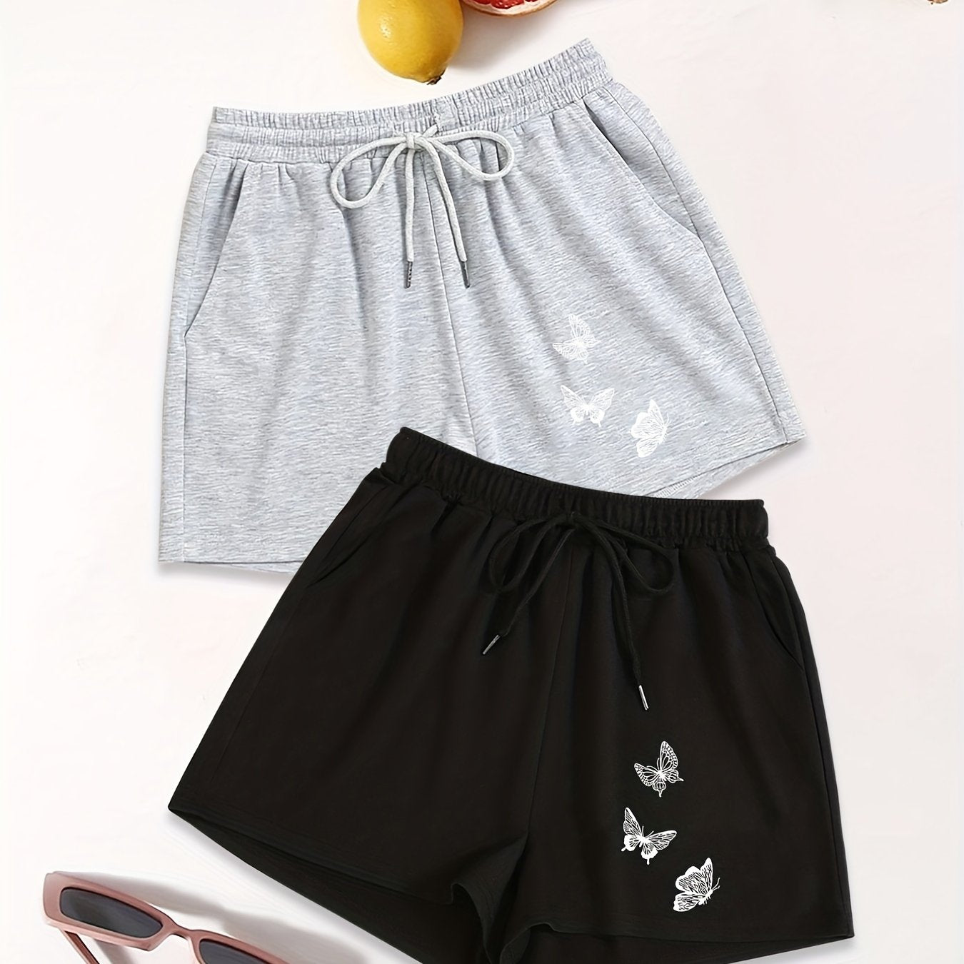Butterfly Print Drawstring Shorts 2 Pack Elastic Waist Women's Clothing