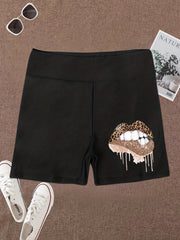 Lips Print Biker Shorts High Waist Sports Yoga Casual Shorts