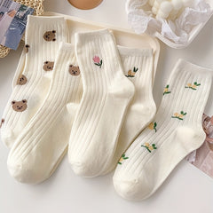 5 Pairs Floral & Bear Print Socks Comfy & All match Women's Stockings