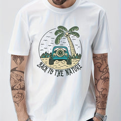 Cotton Beach Print Men's Crew Neck Tshirt Casual Tees for Summer