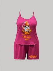 Funny Dwarf & Pumpkin Print Cami Top & Shorts Set