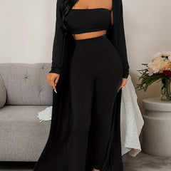 Women's Solid Lounge Set Long Sleeve Robe & Crop Top & Shorts