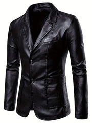 Men's Retro Style PU Jacket Button Up Lapel Faux Leather Jacket