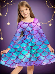Girls Fish Scale Graphic Long Sleeve Dress For Christmas Party