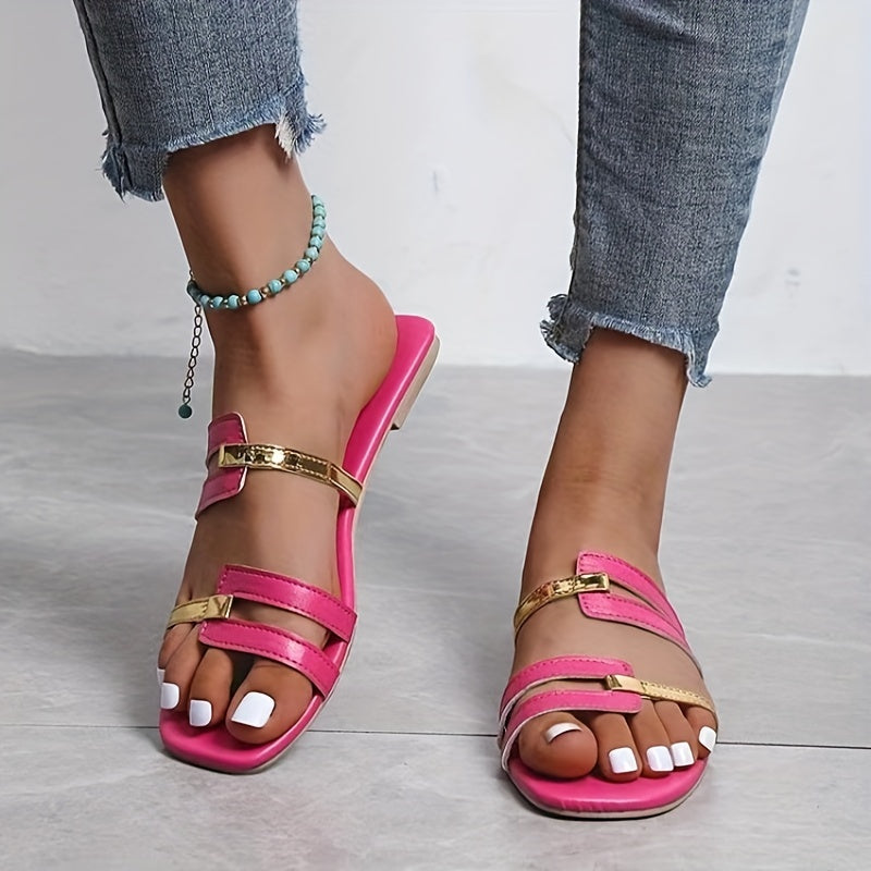 Women's Colorblock Flat Slippers Square Open Toe Non Slip
