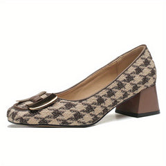 Retro Houndstooth Chunky Heels Classic Square Toe Pumps