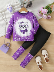 Girl's Cat Pattern 2pcs Sweatshirt & Pants Set Casual Outfits For Spring Fall