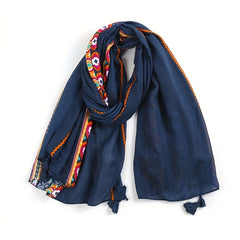 Navy Boho Tassel Scarf Vintage Pop Stripe Print Voile Block Long Shawl