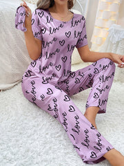 Heart Print Pajamas Set Short Sleeve Top & Lounge Pants