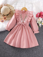 Girls' Flower Embroidery Flutter Trim Long Sleeve Dress