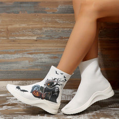 Halloween Pattern Knit Ankle Boots Comfy High Top Sock Shoes