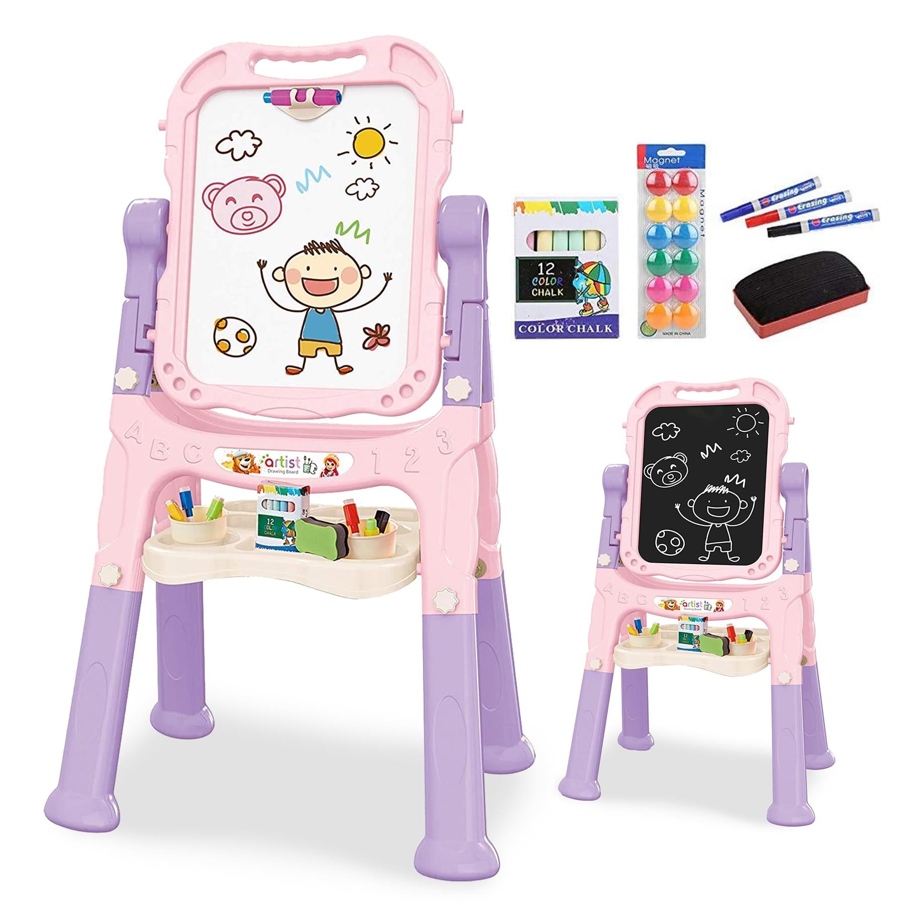 Double Sided Magnetic Drawing Board Easel Colour Chalk Pink