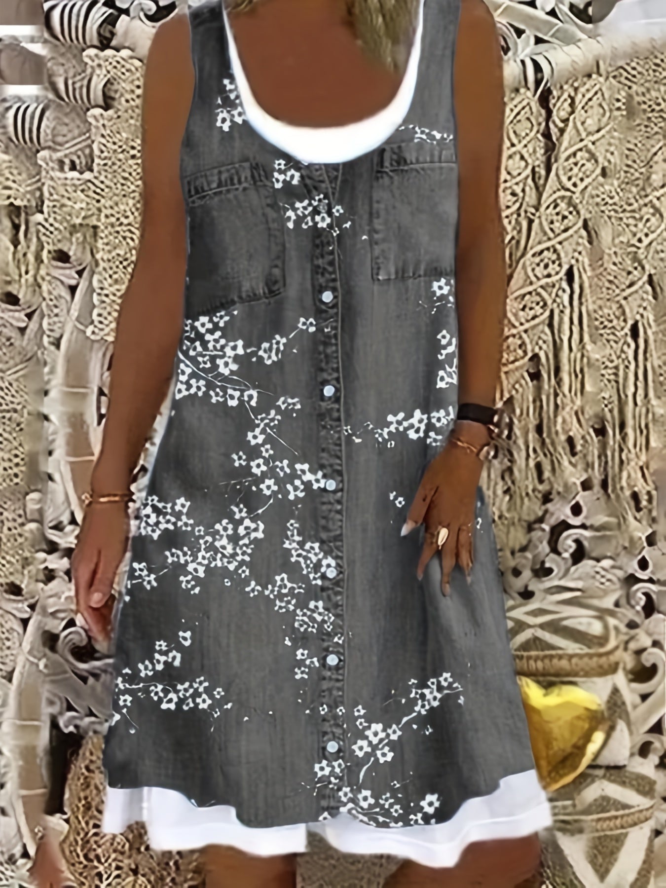 Colorblock Denim Print Tank Dress Round Neck