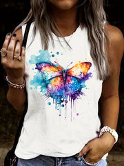 Butterfly Print Tank Top Casual Crew Neck Summer Sleeveless Top