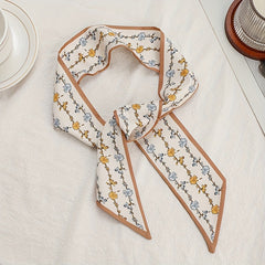 Yellow Floral Print Skinny Scarf Silky Long Ribbon Neckerchief Classic Satin