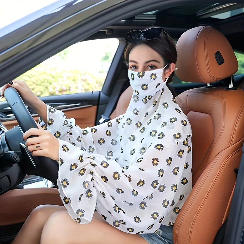 Summer Sun Proof Thin Shawl Floral Print Cape UV Protection Breathable Mask
