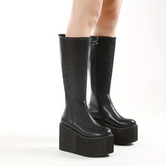 Women's Wedge Heel Platform Boots Round Toe Side Zip Faux Leather
