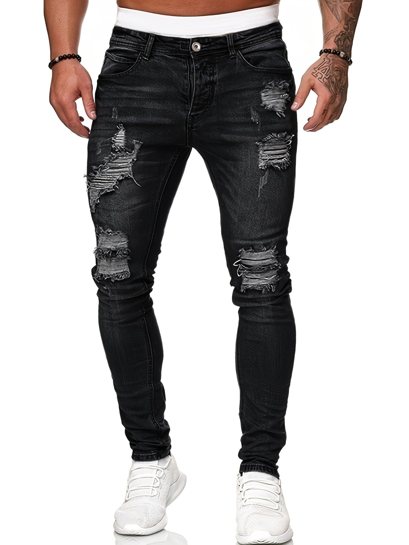 Men's Slim Fit Ripped Jeans Casual Street Style Distressed Denim Pants