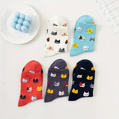 5 Pairs Cat Print Socks - Comfy & Breathable Women's Mid Tube Stockings