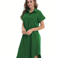 Button Front Shirt Dress Solid Short Sleeve Dress