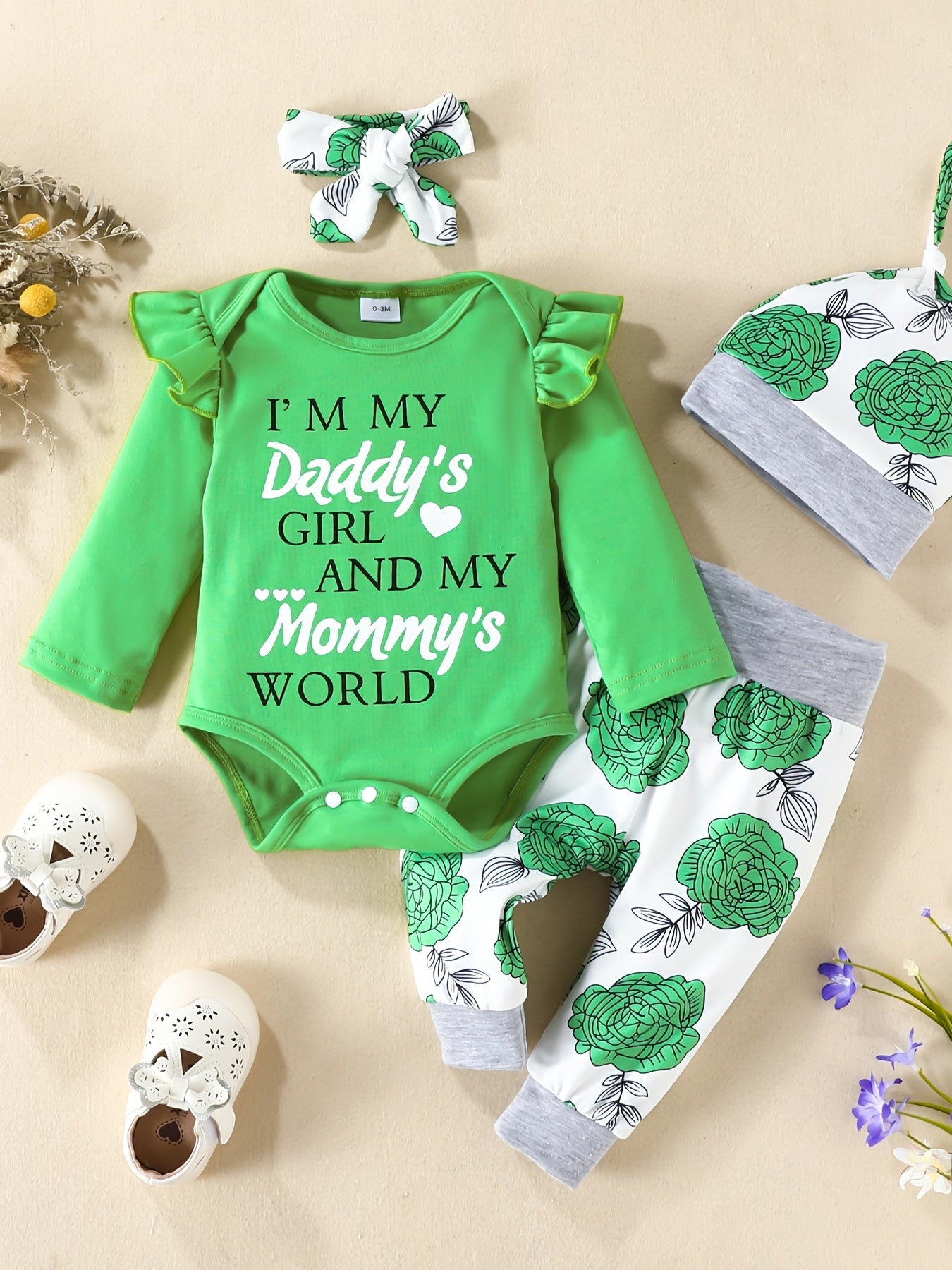 4pcs Baby Letter Flower Print Outfit Set for Girls