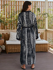 Boho Kimono Tie Dye Stripe Print Long Sleeve Belted Cover Up